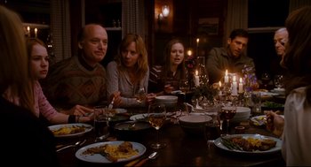 Movie still from “Dan in Real Life” (2007), directed by Peter Hedges – A group of people sitting around a dinner table; Medium shot, High angle