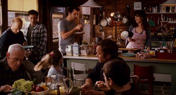 Movie still from “Dan in Real Life” (2007), directed by Peter Hedges – A group of people sitting at a table in a kitchen; Medium shot, Over the shoulder angle
