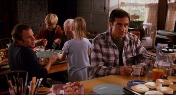 Movie still from “Dan in Real Life” (2007), directed by Peter Hedges – A man sitting at a dining table with a family; Medium shot, Over the shoulder angle