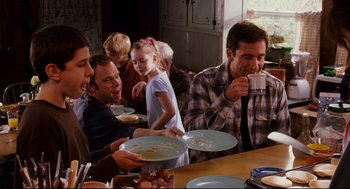Movie still from “Dan in Real Life” (2007), directed by Peter Hedges – A group of people sitting at a table eating food; Medium shot, Over the shoulder angle