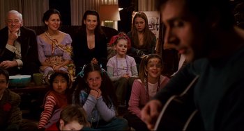 Movie still from “Dan in Real Life” (2007), directed by Peter Hedges – A group of people sitting in a living room; Medium shot, Over the shoulder angle