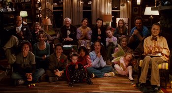 Movie still from “Dan in Real Life” (2007), directed by Peter Hedges – A group of people sitting on the floor of a room; Wide shot, High angle