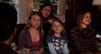 Movie still from “Dan in Real Life” (2007), directed by Peter Hedges – A woman and two young girls sitting in a living room; Medium shot, Over the shoulder angle