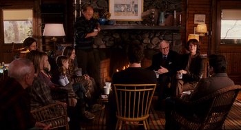 Movie still from “Dan in Real Life” (2007), directed by Peter Hedges – A group of people sitting in front of a fire place; Wide shot, Over the shoulder angle