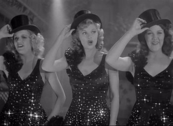Movie still from “Dance, Girl, Dance” (1940), directed by Roy Del Ruth – A group of three women in black dresses and hats; Medium shot, Low angle
