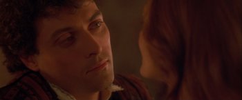Movie still from “Dangerous Beauty” (1998), directed by Marshall Herskovitz – A man and a woman face to face; Close Up shot, Over the shoulder angle