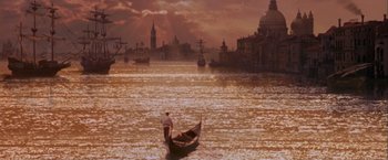 Movie still from “Dangerous Beauty” (1998), directed by Marshall Herskovitz – A man is in a boat in the middle of the water; Extreme Wide shot, High angle