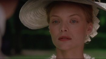Movie still from “Dangerous Liaisons” (1988), directed by Stephen Frears – A person wearing a hat; Close Up shot, Over the shoulder angle