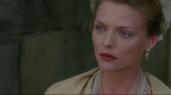 Movie still from “Dangerous Liaisons” (1988), directed by Stephen Frears – A person wearing a dress; Close Up shot, Over the shoulder angle