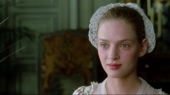 Movie still from “Dangerous Liaisons” (1988), directed by Stephen Frears – A beautiful young woman wearing a white dress and a white veil; Close Up shot, Over the shoulder angle