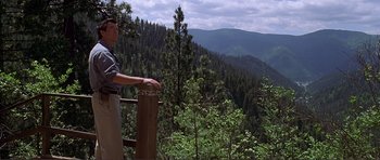 Movie still from “Dante's Peak” (1997), directed by Roger Donaldson – A man standing on top of a wooden platform; Wide shot, Low angle