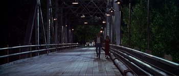Movie still from “Dante's Peak” (1997), directed by Roger Donaldson – A man and a woman walking across a bridge; Wide shot, High angle