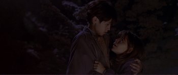 Movie still from “Dante's Peak” (1997), directed by Roger Donaldson – A man and a woman standing next to each other in the dark; Medium shot, Over the shoulder angle