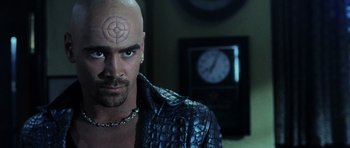 Movie still from “Daredevil” (2003), directed by Mark Steven Johnson – A man with a tattoo on his forehead; Close Up shot, Over the shoulder angle