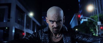Movie still from “Daredevil” (2003), directed by Mark Steven Johnson – A man with a bald head wearing a leather jacket; Close Up shot, Low angle