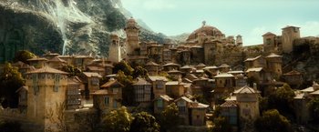Movie still from “The Hobbit: An Unexpected Journey” (2012), directed by Peter Jackson – An aerial view of an old town in the middle of the day; Extreme Wide shot, High angle