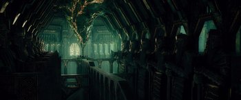 Movie still from “The Hobbit: An Unexpected Journey” (2012), directed by Peter Jackson – A room filled with lots of statues in it; Extreme Wide shot, High angle