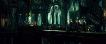 Movie still from “The Hobbit: An Unexpected Journey” (2012), directed by Peter Jackson – A painting of a scene in a cathedral; Extreme Wide shot, Low angle
