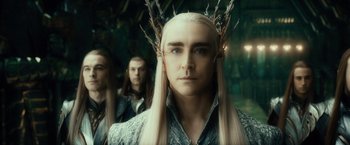 Movie still from “The Hobbit: An Unexpected Journey” (2012), directed by Peter Jackson – A person with long white hair; Close Up shot, Low angle