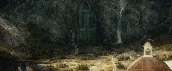 Movie still from “The Hobbit: An Unexpected Journey” (2012), directed by Peter Jackson – An image of an open cave with a waterfall in the background; Extreme Wide shot, High angle