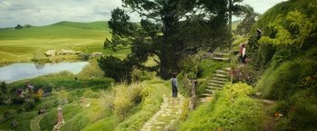 Movie still from “The Hobbit: An Unexpected Journey” (2012), directed by Peter Jackson – A man walking down a path in the middle of a field; Extreme Wide shot, High angle