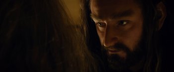 Movie still from “The Hobbit: An Unexpected Journey” (2012), directed by Peter Jackson – A person with long hair and a beard; Close Up shot, Over the shoulder angle