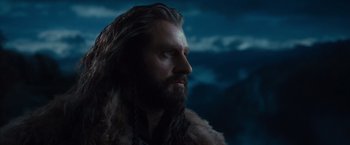 Movie still from “The Hobbit: An Unexpected Journey” (2012), directed by Peter Jackson – A man with long hair and a beard looking to his left; Close Up shot, Low angle