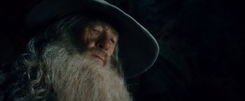 Movie still from “The Hobbit: An Unexpected Journey” (2012), directed by Peter Jackson – An old man with a long white beard wearing a hat; Close Up shot, Low angle