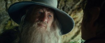 Movie still from “The Hobbit: An Unexpected Journey” (2012), directed by Peter Jackson – An old man with long white beard wearing a gray hat; Close Up shot, Low angle