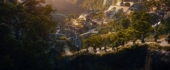 Movie still from “The Hobbit: An Unexpected Journey” (2012), directed by Peter Jackson – A group of people standing on top of a hill; Extreme Wide shot, High angle