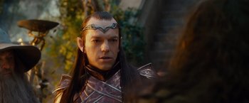 Movie still from “The Hobbit: An Unexpected Journey” (2012), directed by Peter Jackson – A person with long hair wearing a costume; Close Up shot, Over the shoulder angle