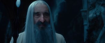 Movie still from “The Hobbit: An Unexpected Journey” (2012), directed by Peter Jackson – An old man with long white hair and a long beard; Close Up shot, Over the shoulder angle