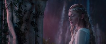 Movie still from “The Hobbit: An Unexpected Journey” (2012), directed by Peter Jackson – A woman with long blonde hair wearing a crown; Close Up shot, Low angle