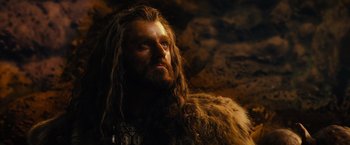 Movie still from “The Hobbit: An Unexpected Journey” (2012), directed by Peter Jackson – A man with long hair and a beard is looking into the distance; Close Up shot, Low angle