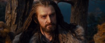 Movie still from “The Hobbit: An Unexpected Journey” (2012), directed by Peter Jackson – A man with long hair and a beard wearing a fur coat; Close Up shot, Over the shoulder angle