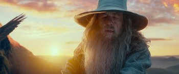 Movie still from “The Hobbit: An Unexpected Journey” (2012), directed by Peter Jackson – An old man with long white beard and a hat; Close Up shot, Low angle