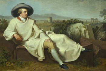 A painting of a man sitting on top of a rock
