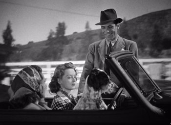 Movie still from “Dark Victory” (1939), directed by Edmund Goulding – An old photo of a man and two women and a dog; Medium shot, High angle