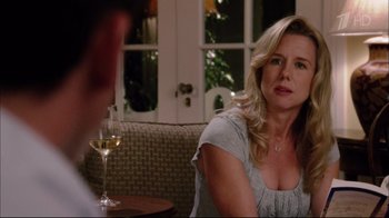 Movie still from “Date Night” (2010), directed by Shawn Levy – A woman sitting in front of a glass of wine; Close Up shot, Over the shoulder angle