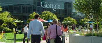 Movie still from “The Internship” (2013), directed by Shawn Levy – A group of people standing outside of a google building; Wide shot, Low angle