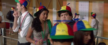 Movie still from “The Internship” (2013), directed by Shawn Levy – A woman and a man wearing colorful hats; Medium shot, Over the shoulder angle