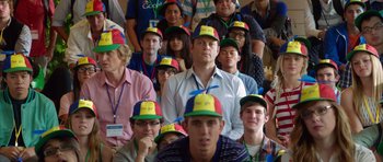 Movie still from “The Internship” (2013), directed by Shawn Levy – A group of young people wearing colorful hats; Medium shot, Over the shoulder angle