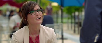 Movie still from “The Internship” (2013), directed by Shawn Levy – A woman wearing glasses and a white jacket; Close Up shot, Over the shoulder angle
