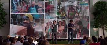 Movie still from “The Internship” (2013), directed by Shawn Levy – Two men standing in front of a crowd of people; Wide shot, Over the shoulder angle