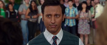Movie still from “The Internship” (2013), directed by Shawn Levy – A person wearing a sweater and a tie; Close Up shot, Over the shoulder angle