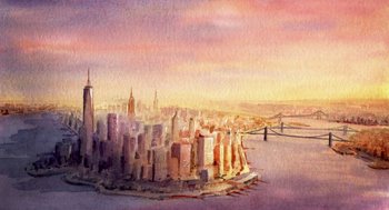 A watercolor painting of a city skyline at sunset