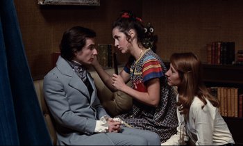 Movie still from “Day for Night” (1973), directed by François Truffaut – A man and two women sitting on a couch; Medium shot, Over the shoulder angle