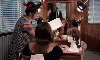 Movie still from “Day for Night” (1973), directed by François Truffaut – A group of people in a room looking in a mirror; Medium shot, Over the shoulder angle