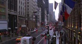 Movie still from “Daylight” (1996), directed by Rob Cohen – A busy city street filled with lots of traffic; Extreme Wide shot, High angle