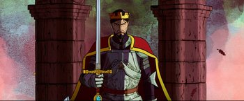 Movie still from “The Kid Who Would Be King” (2019), directed by Joe Cornish – An animated picture of a man holding a sword and wearing a crown; Medium shot, Low angle